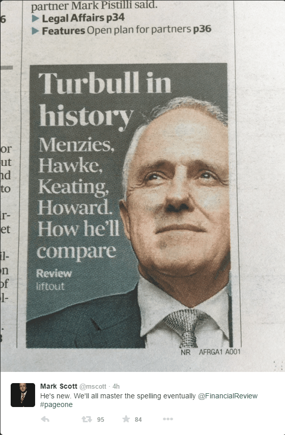 Malcolm Turnbull - AFR, Page 1, 23-Oct-2015 - Typo